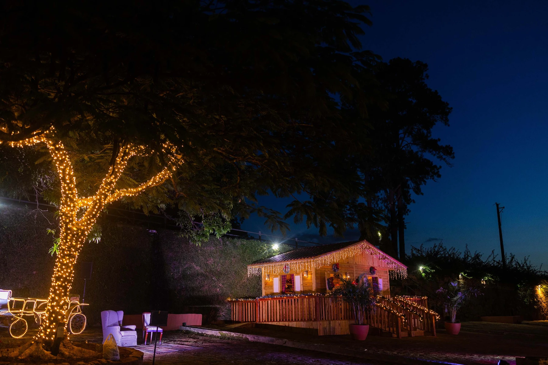 Jardins e iluminação no acervo natalino do Hotel Fazenda Dona Carolina